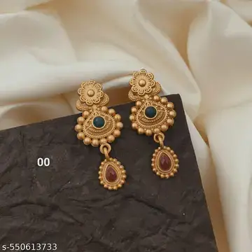 Antique Gold Chandbali Earrings with Red and Green Stones