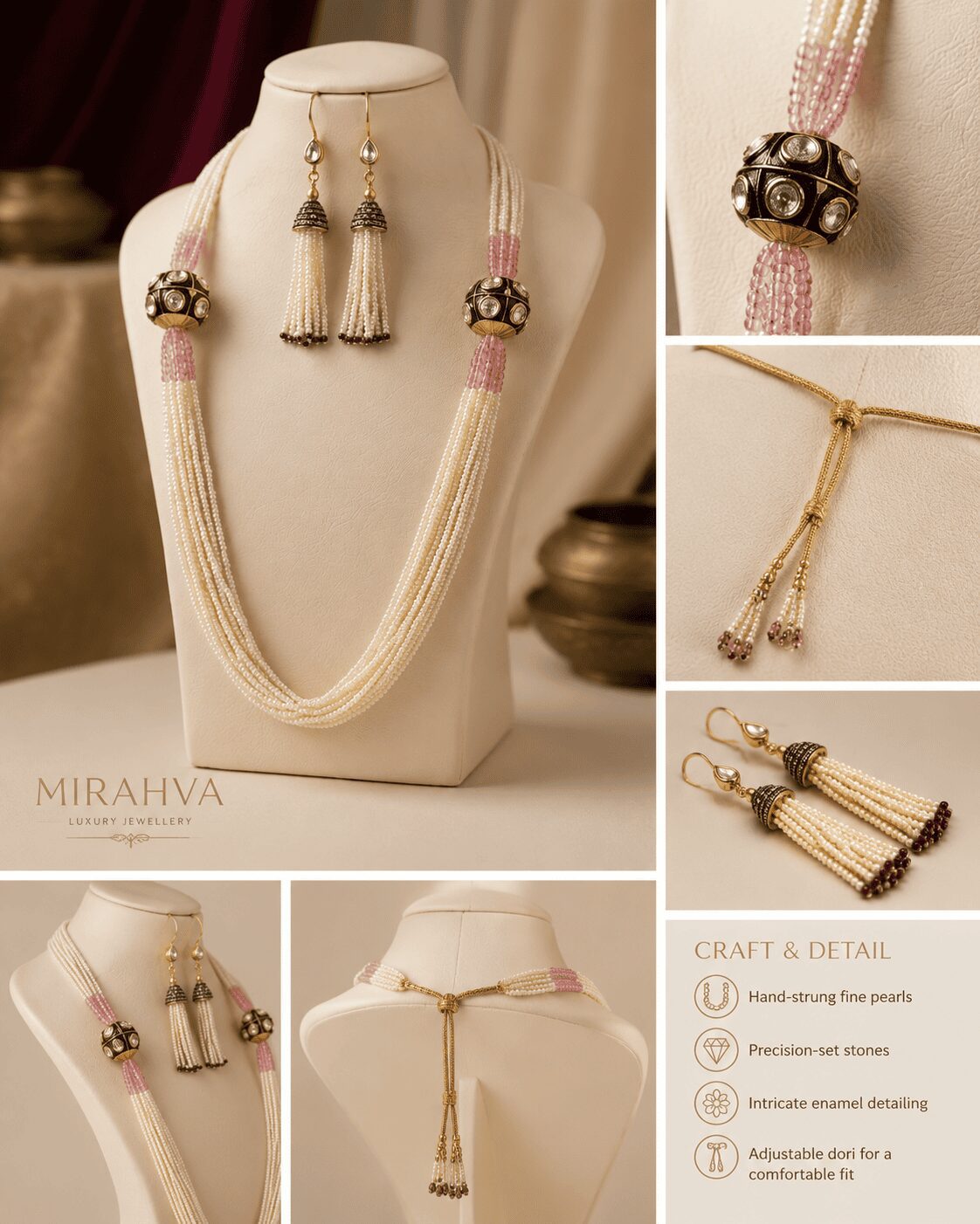 Luxury Pearl Multi-Strand Necklace & Matching Drop Earrings Set – Pink & White Pearl Statement Jewellery - Image 2