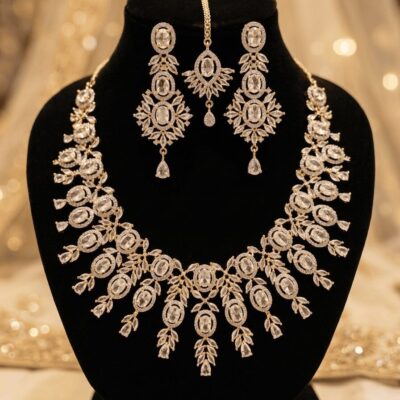 Mirahva Royal Floral Crystal Bridal Necklace Set – Necklace, Earrings & Maang Tikka