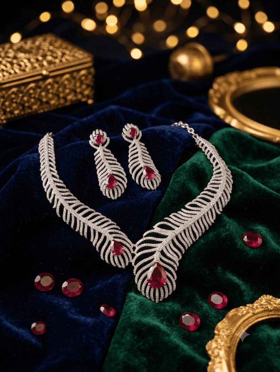 Mirahva Ruby Royale Leaf Cascade Necklace & Earrings Set - Image 7
