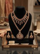 Mirahva Aurum Ruby Royal Bridal Necklace Set – Elegant Gold-Tone Ruby Statement Jewellery with Matching Earrings