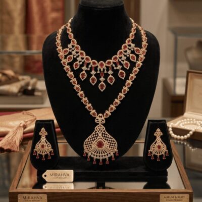 Mirahva Aurum Ruby Royal Bridal Necklace Set – Elegant Gold-Tone Ruby Statement Jewellery with Matching Earrings