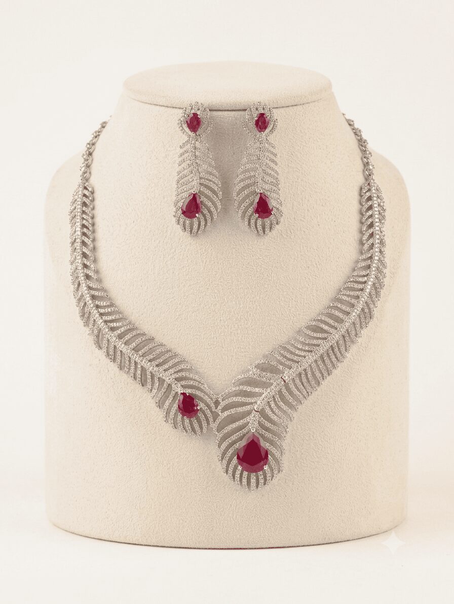Mirahva Ruby Royale Leaf Cascade Necklace & Earrings Set - Image 8