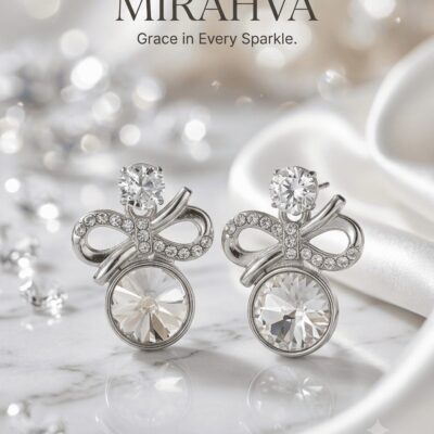 Mirahva Crystal Bow Stud Earrings – Silver Elegance Collection | Premium Crystal Silver-Plated Earrings for Women | Party, Wedding & Everyday Wear
