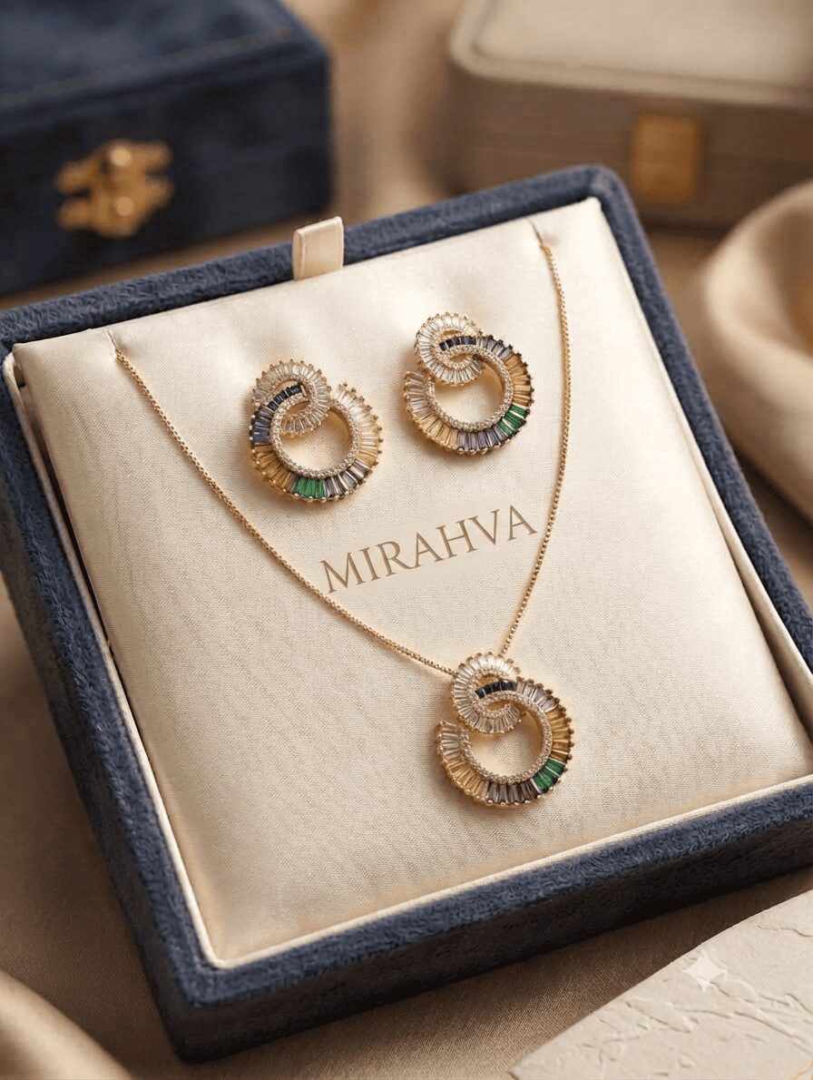 Mirahva Multicolor Crystal Circular Pendant Necklace & Earrings Set for Women - Image 4