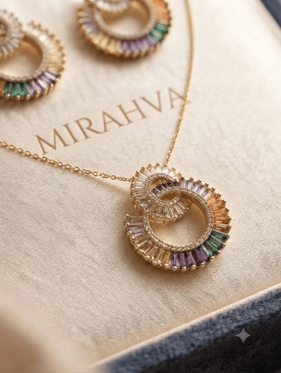 Mirahva Multicolor Crystal Circular Pendant Necklace & Earrings Set for Women - Image 3