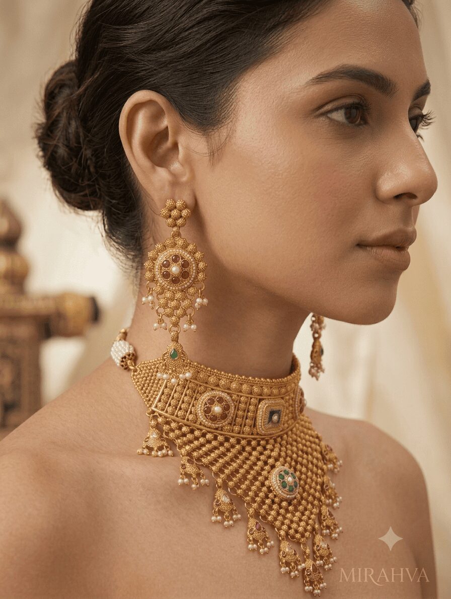 Mirahva Royal Heritage Gold-Tone Kundan Choker Necklace Set with Matching Earrings for Women - Image 2