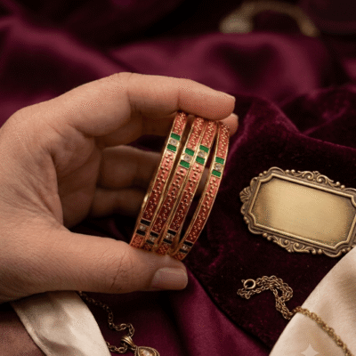 Mirahva Traditional Red & Green Enamel Gold-Tone Bangles – Set of 4