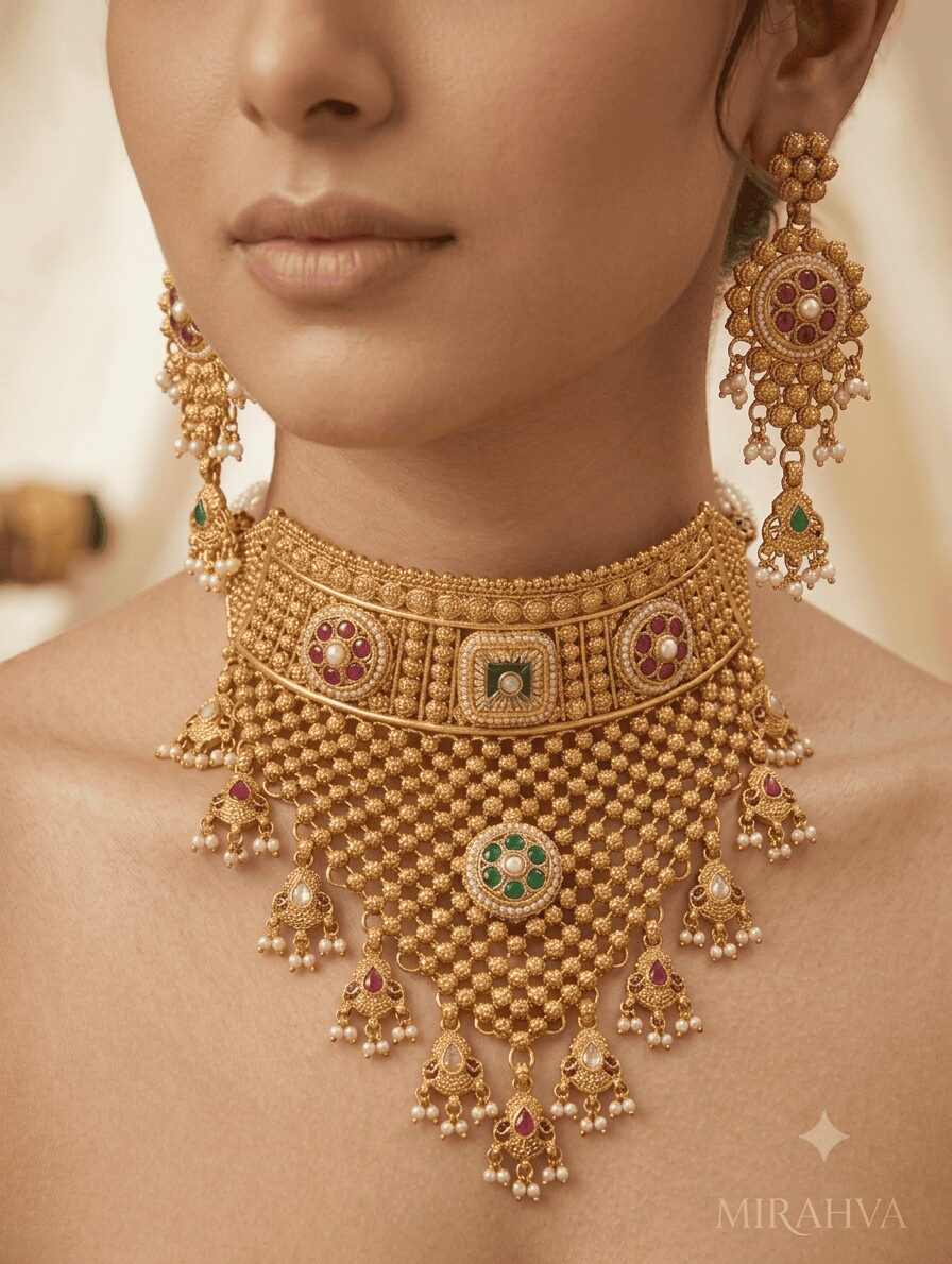 Mirahva Royal Heritage Gold-Tone Kundan Choker Necklace Set with Matching Earrings for Women - Image 3