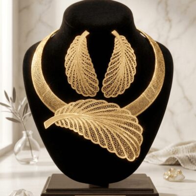 Mirahva Aurum Ruby Royal Bridal Necklace Set | Luxury Gold-Tone Feather Statement Jewellery Set