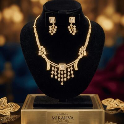 Mirahva Royal Golden Leaf Pendant Necklace & Earring Set