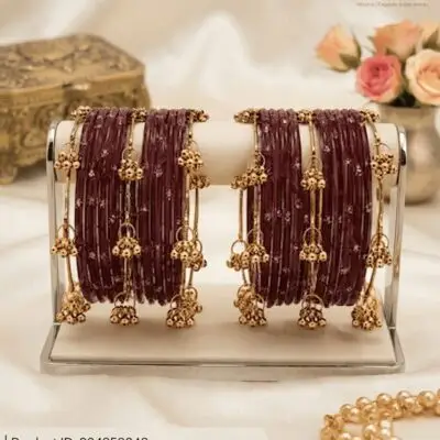 Maroon and Gold Latkan Bangle Set