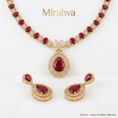 Mirahva Aurum Ruby Royal Bridal Necklace Set – Gold Finish with Ruby-Red Stones & Matching Earrings