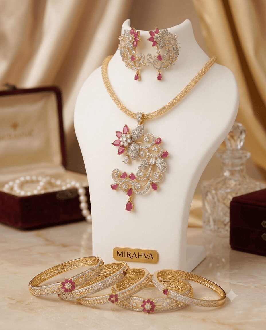 Mirahva Premium Gold-Tone Necklace & Earring Jewellery Set with Ruby-Pink Accents - Image 4