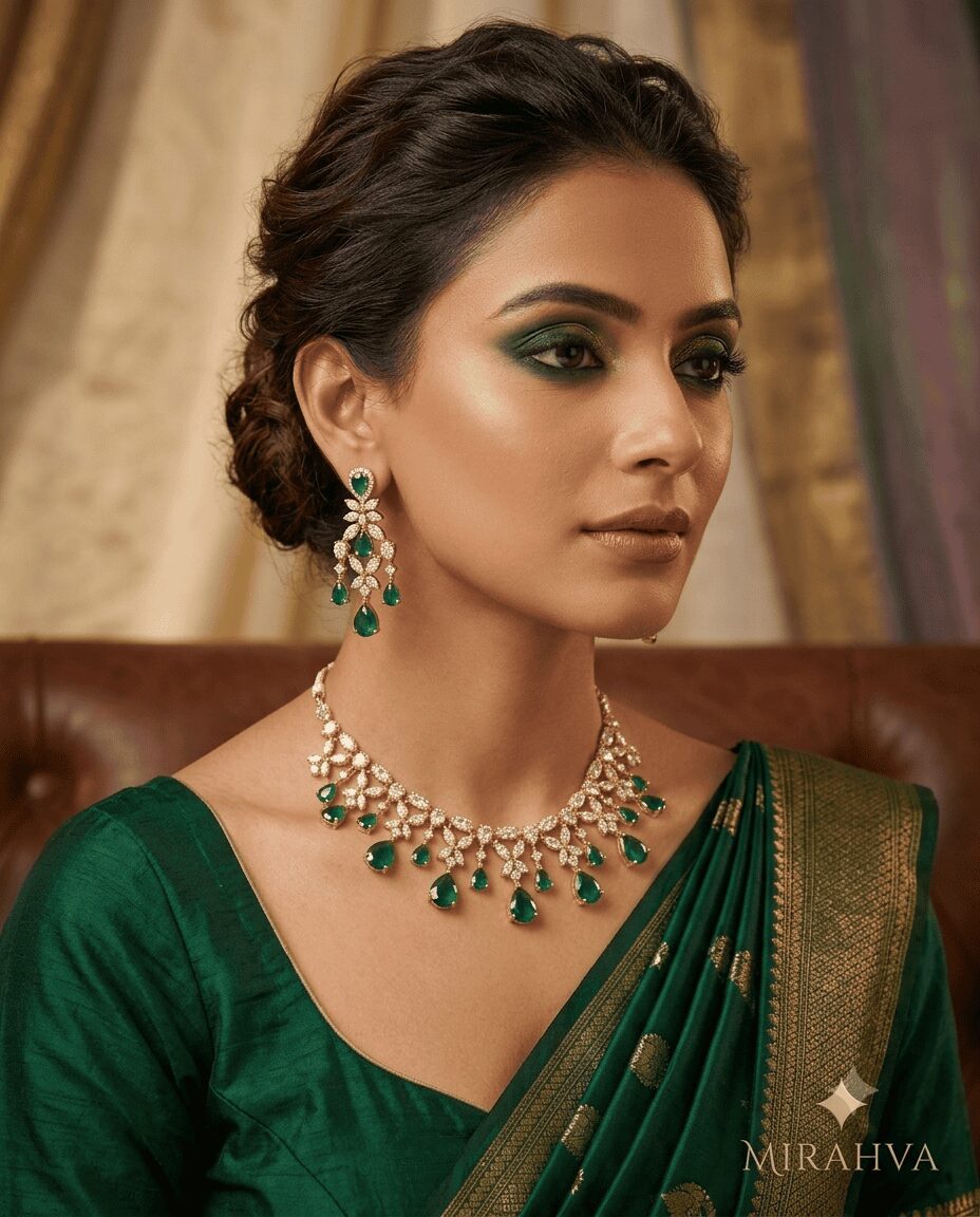 Mirahva Royal Ruby Cascade Statement Necklace & Chandelier Earrings Set - Image 3