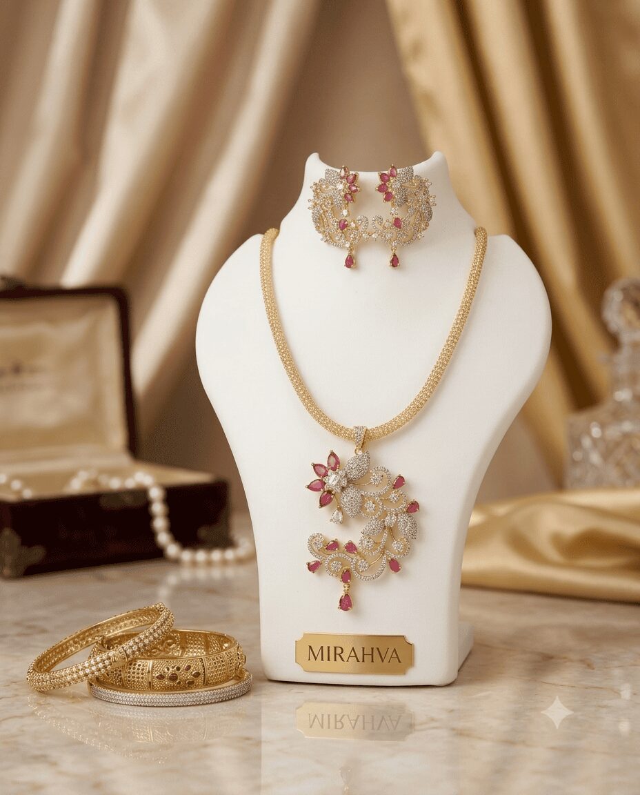 Mirahva Premium Gold-Tone Necklace & Earring Jewellery Set with Ruby-Pink Accents - Image 8