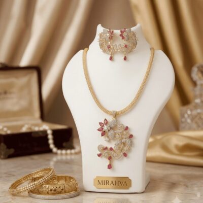 Mirahva Premium Gold-Tone Necklace & Earring Jewellery Set with Ruby-Pink Accents