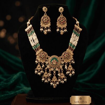Mirahva Royal Emerald & Ruby Heritage Statement Necklace Set with Matching Earrings
