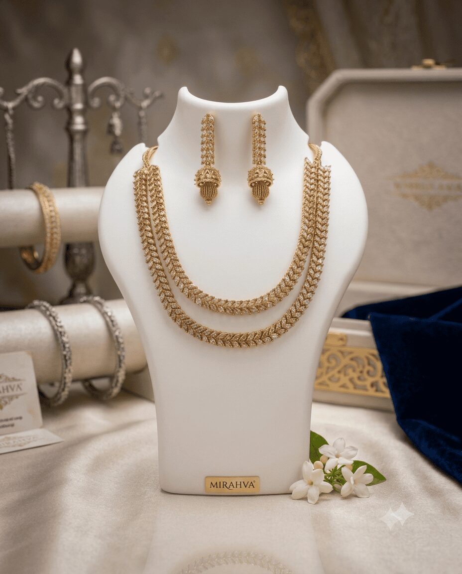 Mirahva Aurum Ruby Royal Bridal Necklace Set | Luxury Gold-Tone Bridal Jewellery Set with Matching Earrings - Image 6