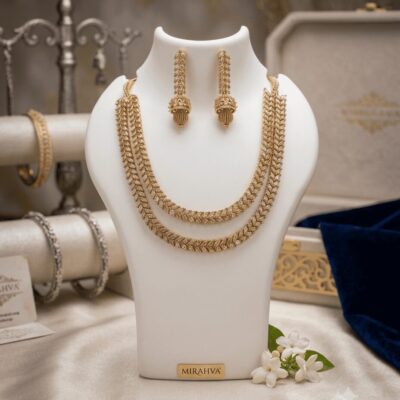 Mirahva Aurum Ruby Royal Bridal Necklace Set | Luxury Gold-Tone Bridal Jewellery Set with Matching Earrings