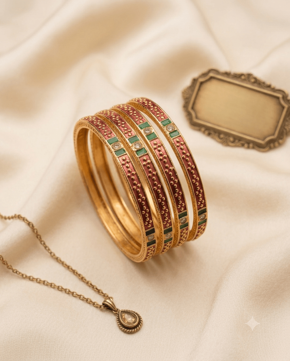 Mirahva Traditional Red & Green Enamel Gold-Tone Bangles – Set of 4 - Image 5