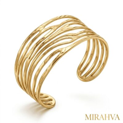 Mirahva Luxe Gold Layered Wave Open Cuff Bracelet for Women | Premium Adjustable Statement Gold Cuff | Contemporary Fashion Jewelry