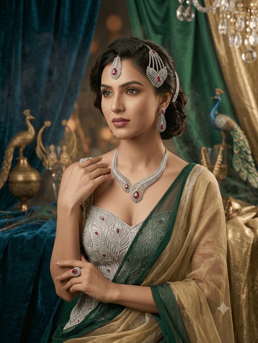 Mirahva Ruby Royale Leaf Cascade Necklace & Earrings Set - Image 4
