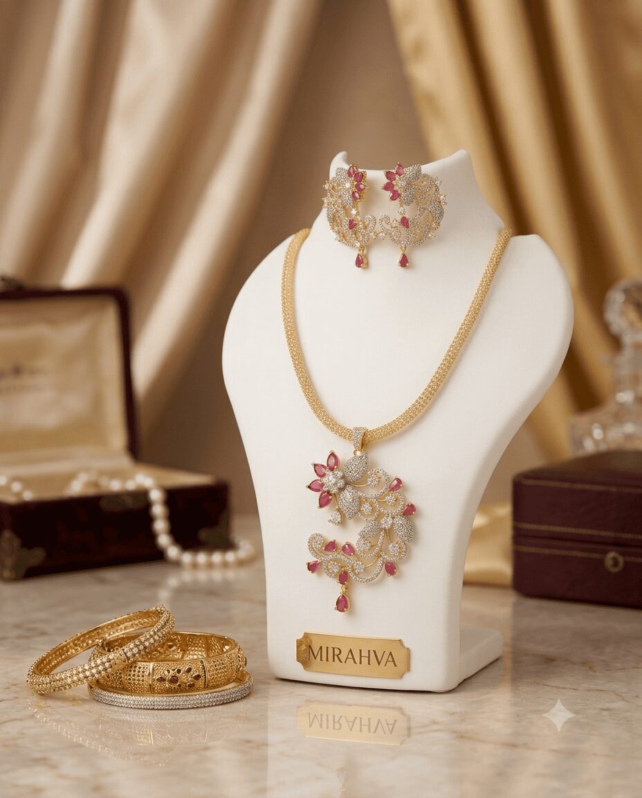 Mirahva Premium Gold-Tone Necklace & Earring Jewellery Set with Ruby-Pink Accents - Image 6