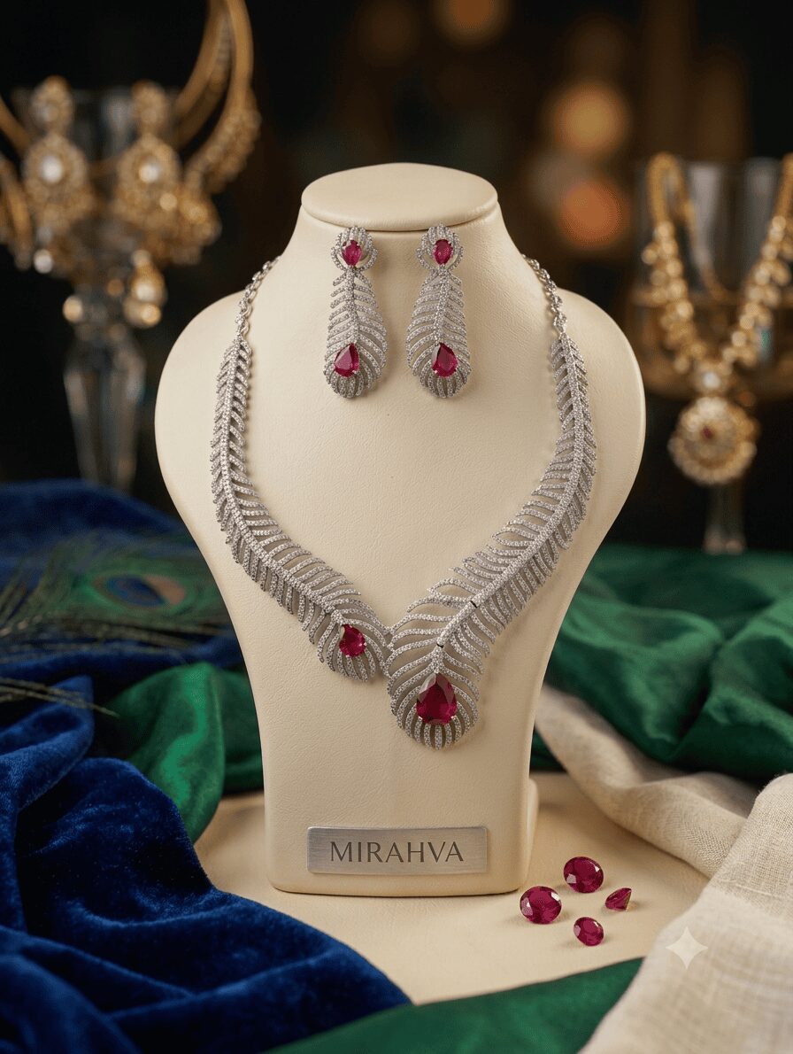 Mirahva Ruby Royale Leaf Cascade Necklace & Earrings Set