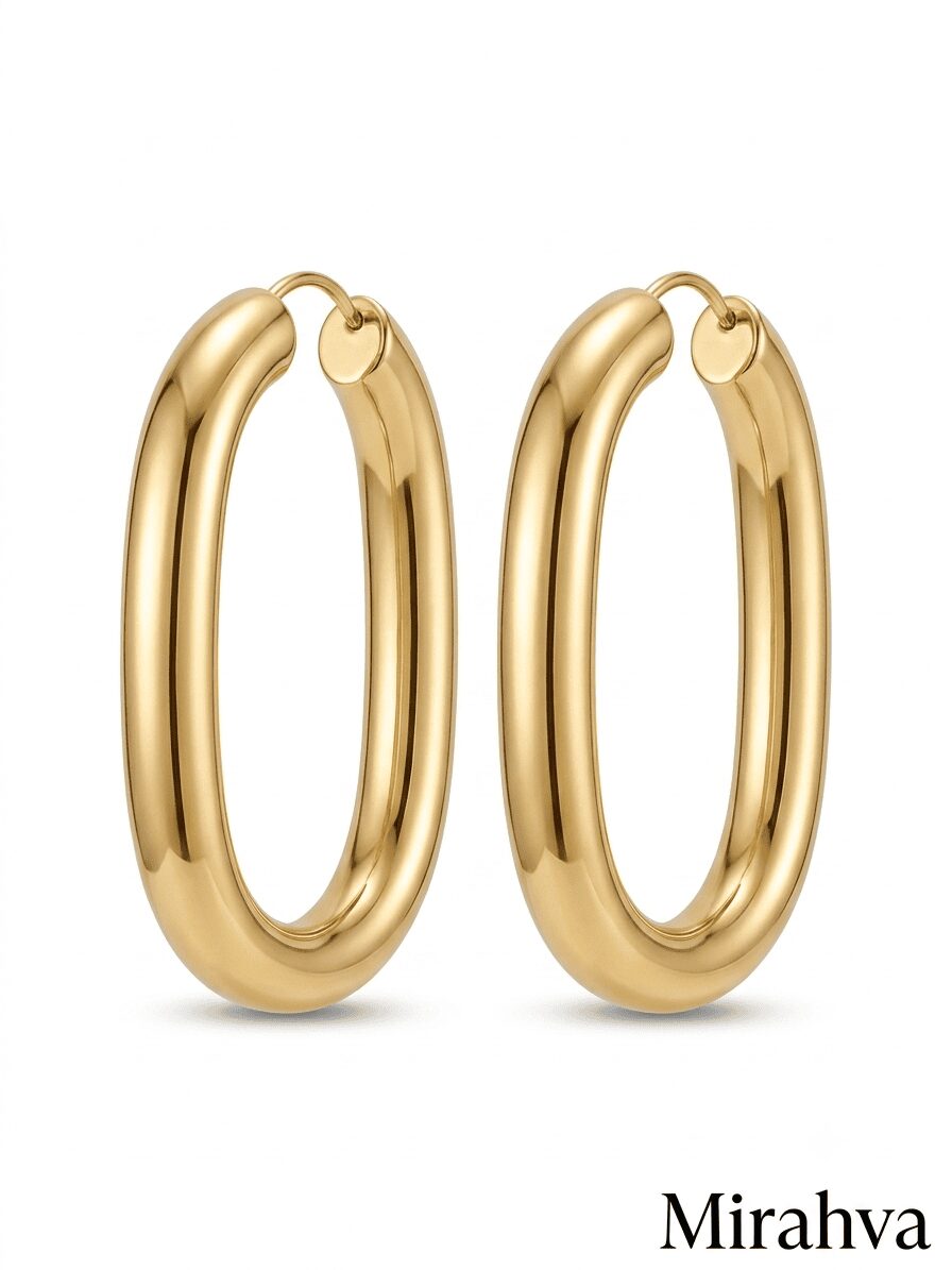 Mirahva Luxe Gold Oval Hoop Earrings for Women | Premium Gold-Tone Statement Hoops | Modern Minimalist Fashion Jewelry