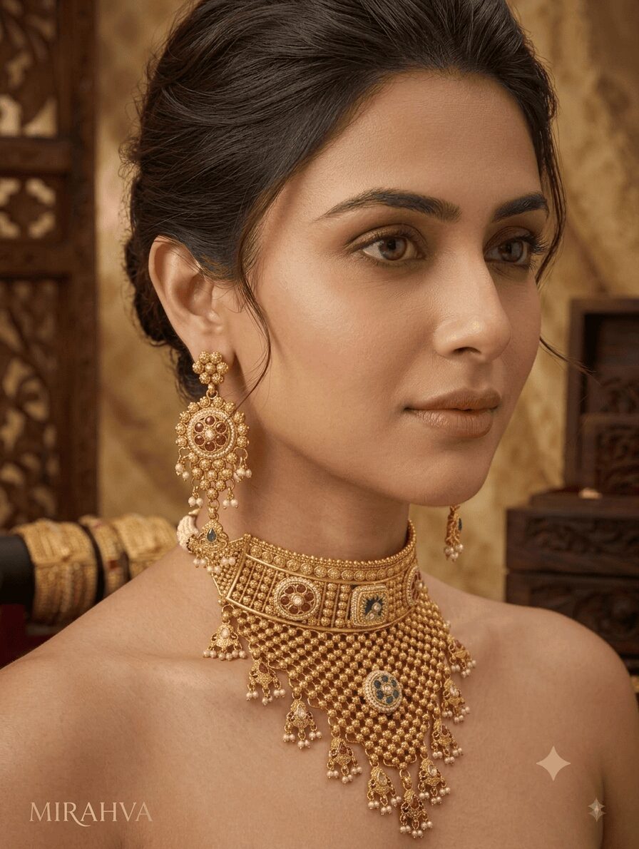 Mirahva Royal Heritage Gold-Tone Kundan Choker Necklace Set with Matching Earrings for Women - Image 4