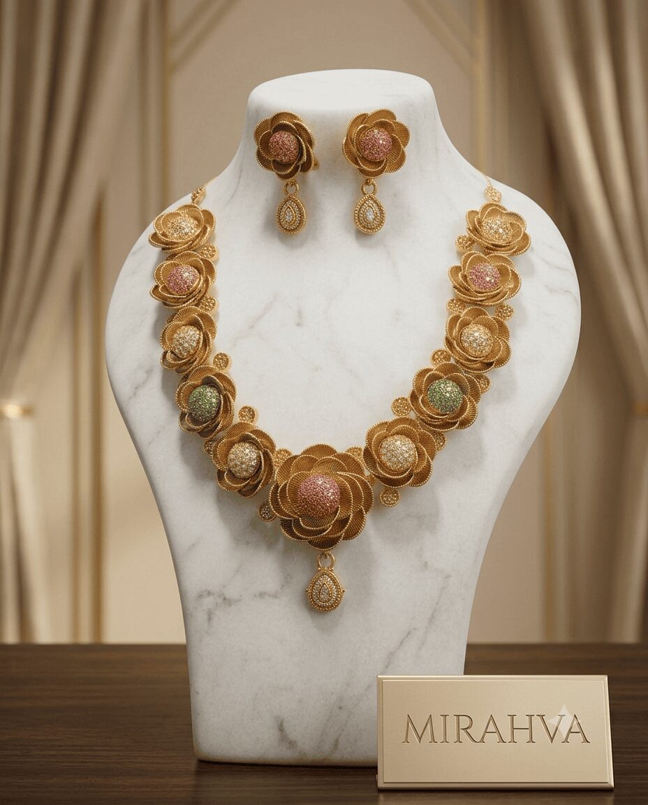 Mirahva Luxe Floral Gold-Tone Statement Necklace & Earrings Set for Women - Image 6