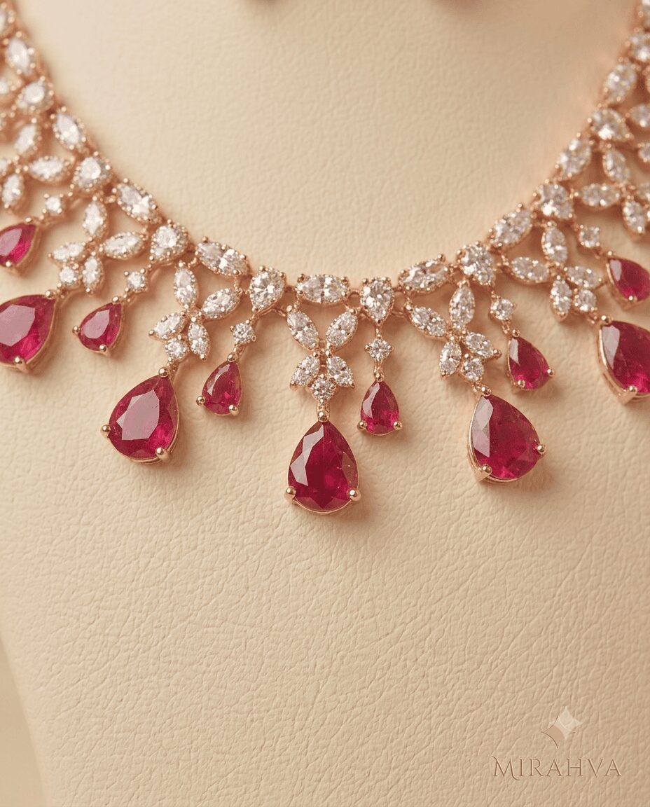 Mirahva Royal Ruby Cascade Statement Necklace & Chandelier Earrings Set - Image 5