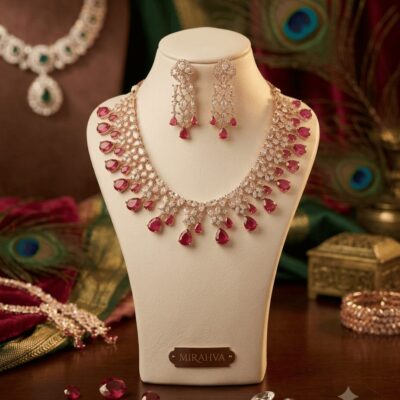 Mirahva Royal Ruby Cascade Statement Necklace & Chandelier Earrings Set