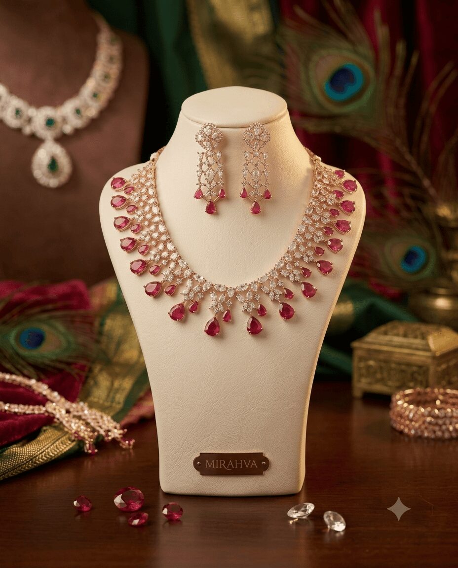 Mirahva Royal Ruby Cascade Statement Necklace & Chandelier Earrings Set
