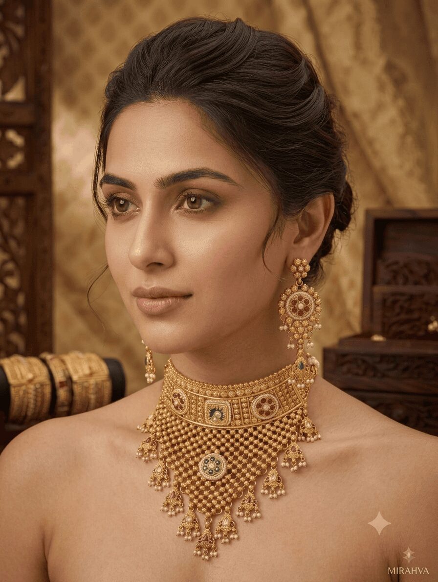Mirahva Royal Heritage Gold-Tone Kundan Choker Necklace Set with Matching Earrings for Women - Image 5