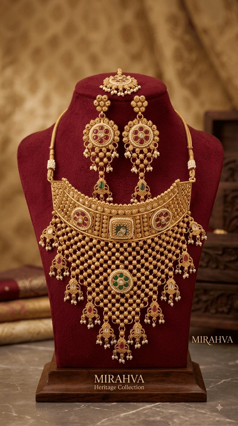 Mirahva Royal Heritage Bridal Jewellery Set – Intricate Gold-Tone Necklace & Matching Statement Earrings - Image 8