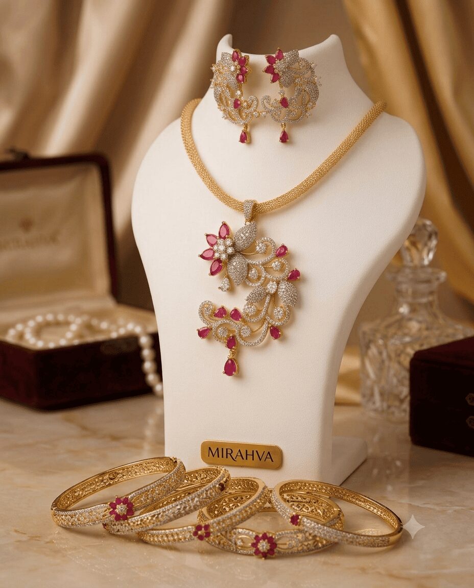 Mirahva Premium Gold-Tone Necklace & Earring Jewellery Set with Ruby-Pink Accents - Image 3