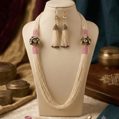 Luxury Pearl Multi-Strand Necklace & Matching Drop Earrings Set – Pink & White Pearl Statement Jewellery