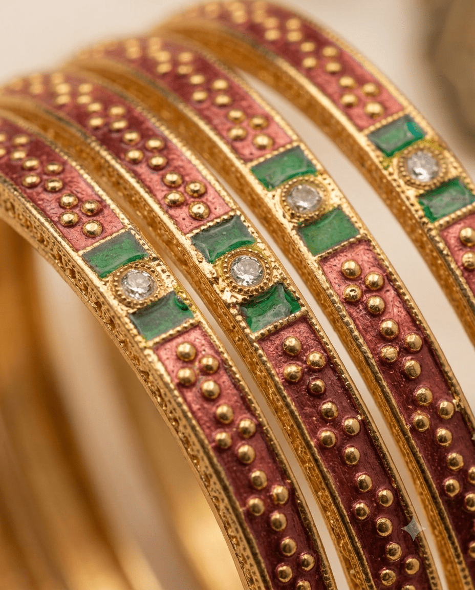 Mirahva Traditional Red & Green Enamel Gold-Tone Bangles – Set of 4 - Image 4