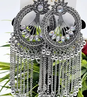 Oxidized Silver Hanging Chandbali Earrings