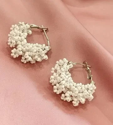 White Floral Seed Bead Hoops
