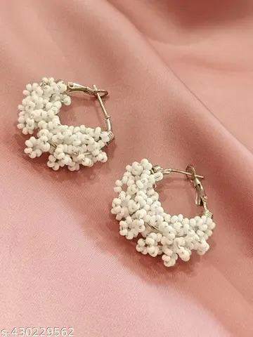 White Floral Seed Bead Hoops