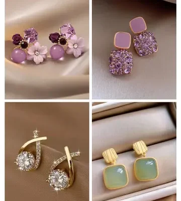 Contemporary Stone and Flower Earrings (Set of 4)