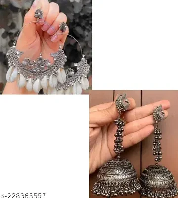 Silver Oxidized Peacock Jhumka and Chandbali Set