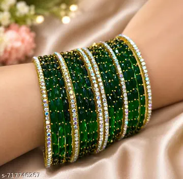 Green Crystal and Diamond Studded Bangle Set