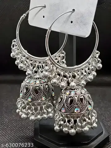 Silver Oxidized Jhumka with Crystal Accents