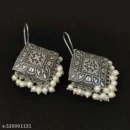 Oxidized Silver Square Pearl Earrings