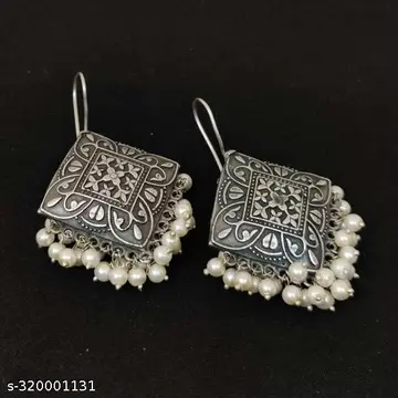 Oxidized Silver Square Pearl Earrings