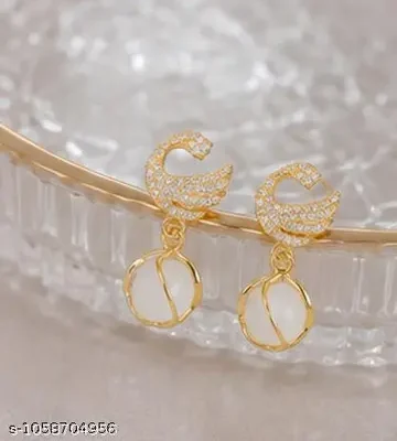 CZ Moon and Pearl Drop Earrings